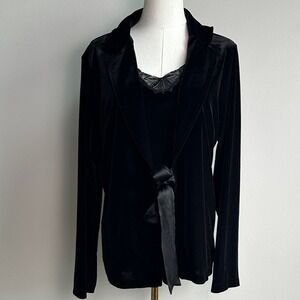 Vintage Neutral Black Velvet Lace‎ Trim Whimsigoth Dark Romantic Tie Front Top L